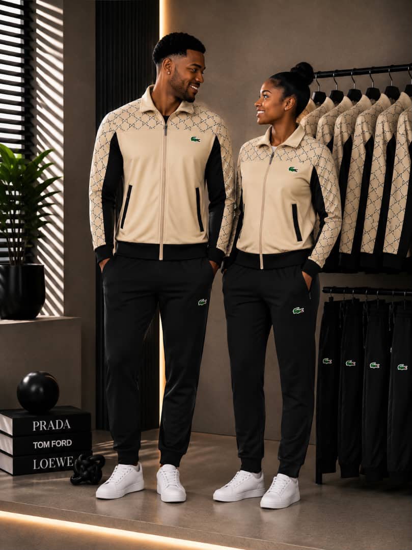 Wanandoa wamevaa suti za kifahari za Lacoste