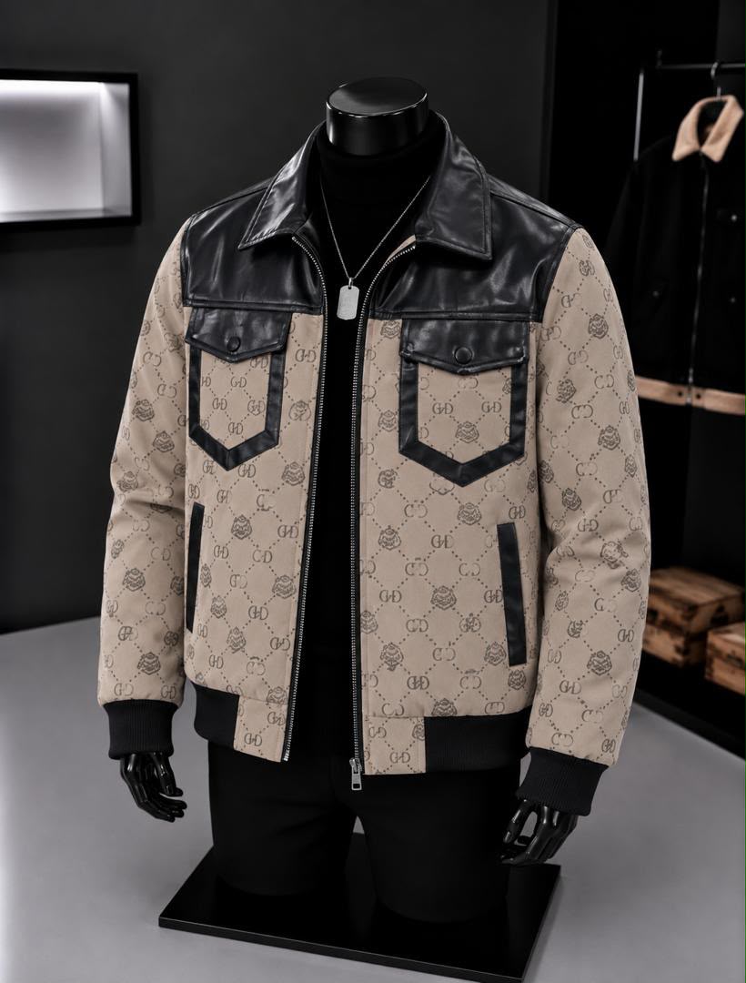 GG Monogram Leather Jacket ya Beige