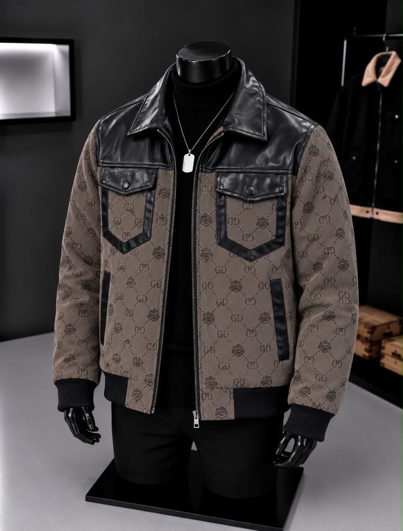 GG Monogram Leather Jacket ya Brown