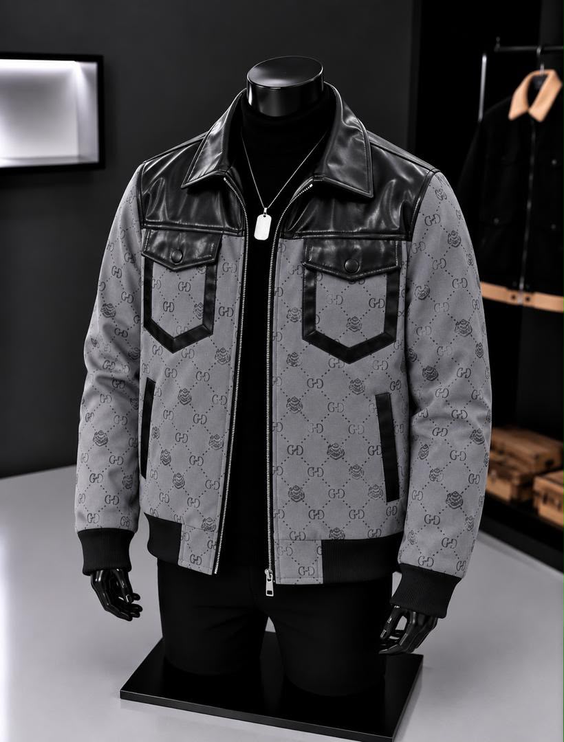 GG Monogram Leather Jacket ya Grey