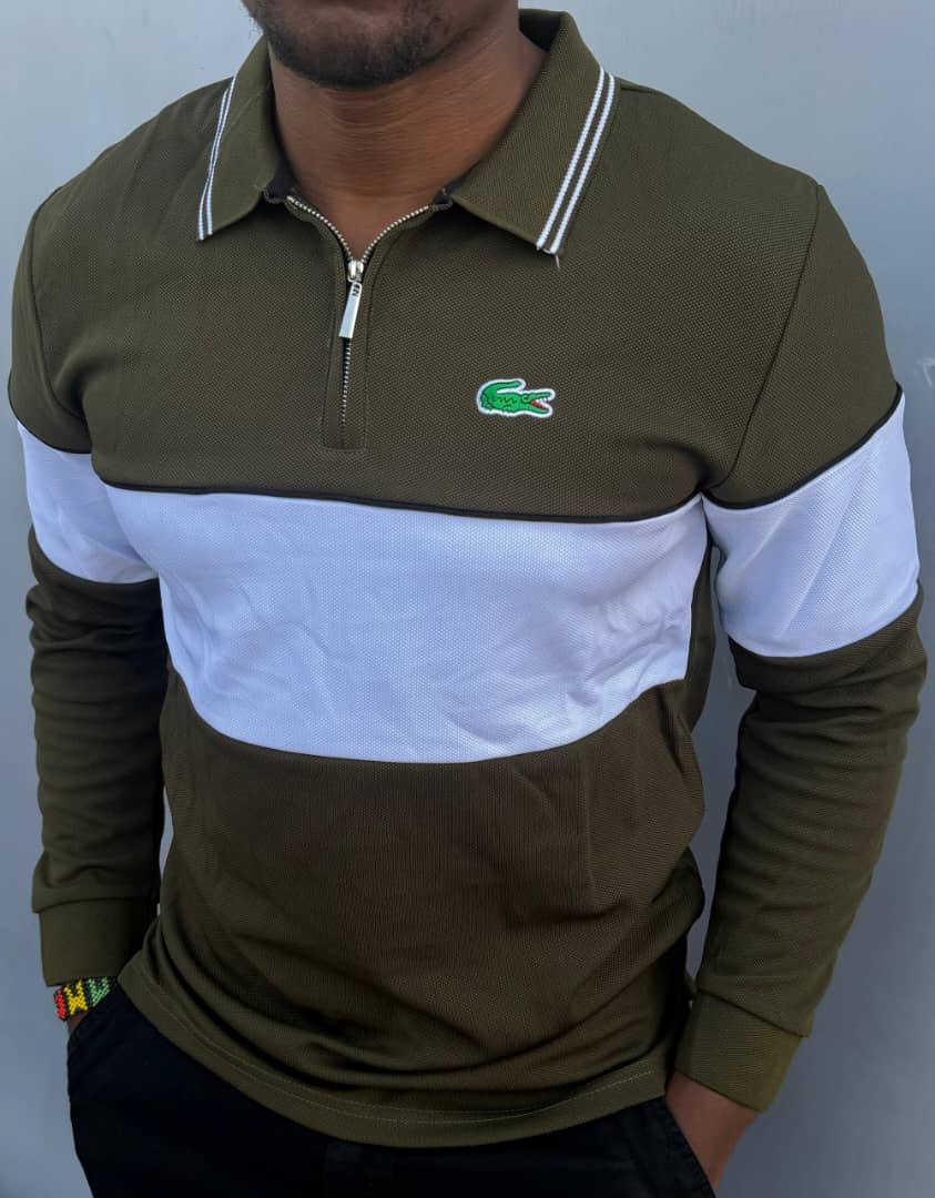 Lacoste Zip Colorblock Polo ya Olive